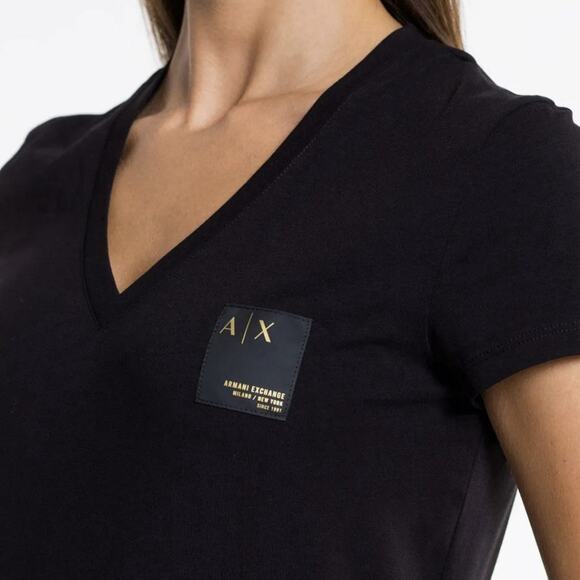 Armani Exchange WomenS XL V Neck Black Short Sleeve T Shirt Logo Square Patch - Picture 2 of 9